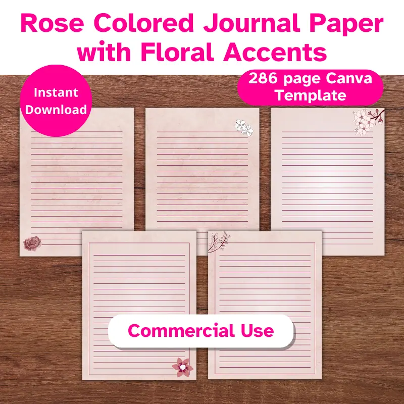 5 pages of lined rose colored us letter sized digital paper with floral accents