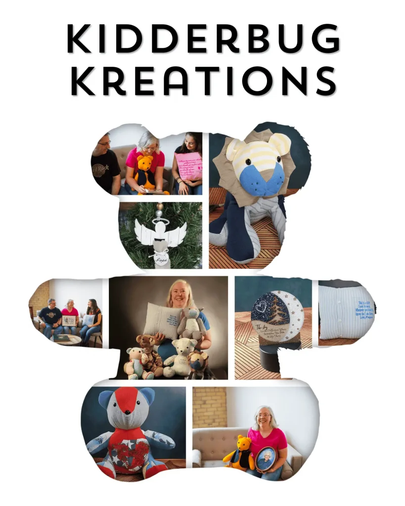 a photo collage in the shape of a teddy bear with photos of custom memorial products from the company kidderbug kreations