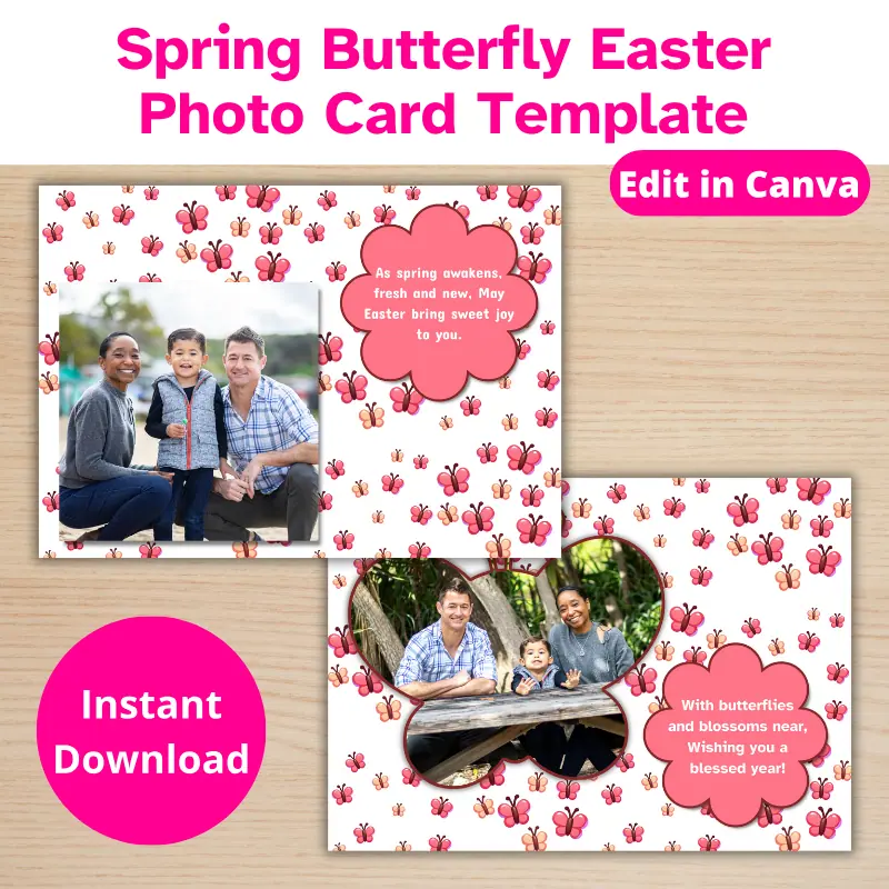 a double-sided spring photo greeting card with cute pink and gold butterflies and 2 family photos. one photo is in the shape of a butterfly.