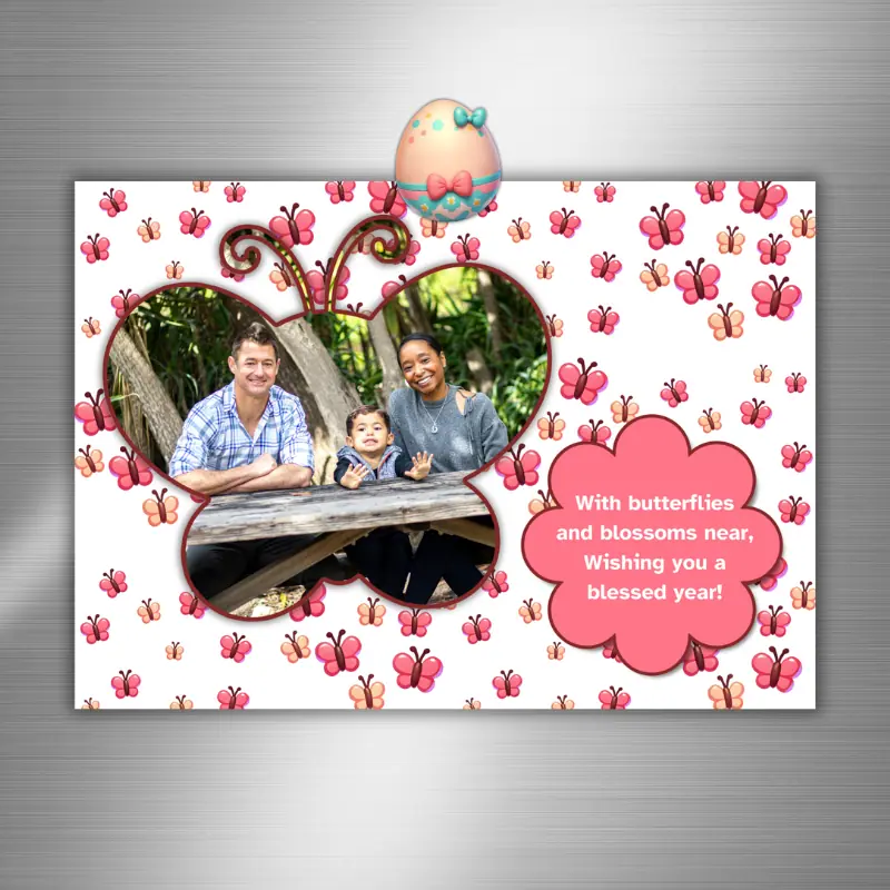 a Easter greeting card with cute butterflies and a photo in the shape of a butterfly and a heartfelt message in a flower