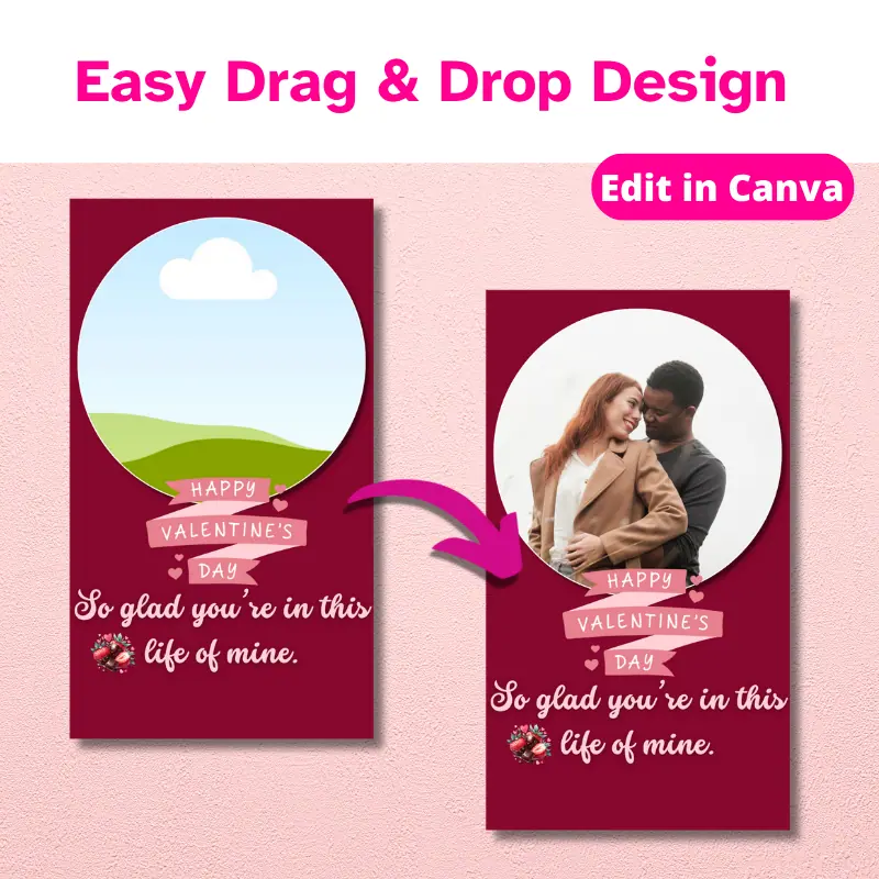Easy drag and drop design a slide template with an arrow to a completed design with a photo of a couple in love