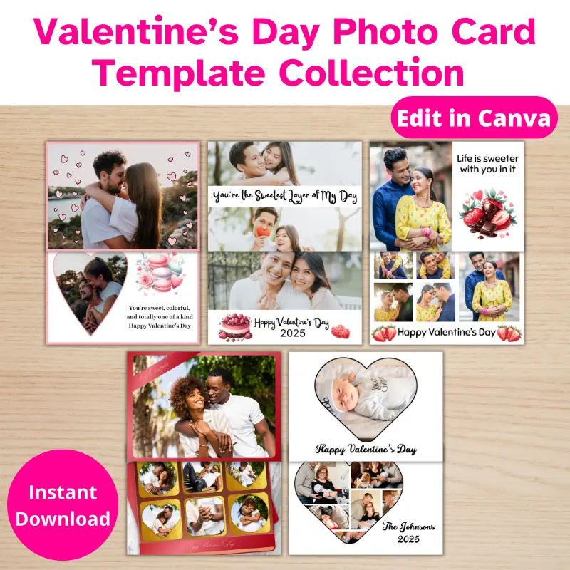 5 double sided Valentine's Day Cards filled with photos of happy couples and cute messages.
