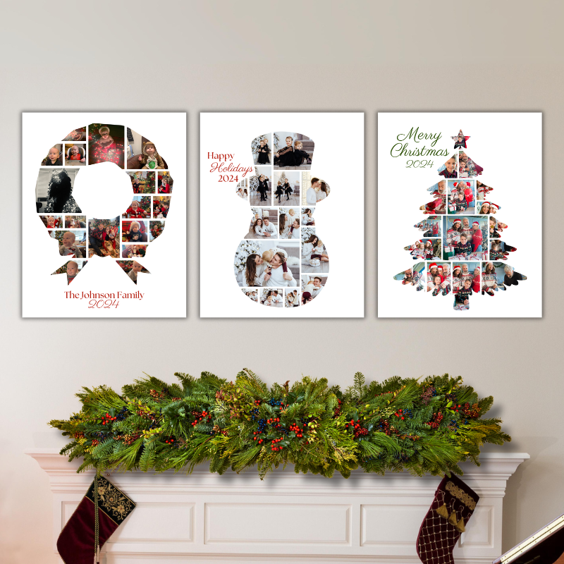 3 Custom Christmas Photo Collages Hung above a mantle. One is a wreath, one is a snowman, and one is a Christmas Tree. All of them are filled with family photos.